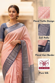 Pink Korvai Kanjivaram Pure Silk Saree With Silver Zari Border 10077901
