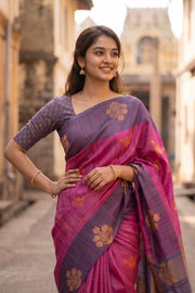 Pigment Magenta Jute Weave Kanjivaram Vegan Silk Saree 10074640