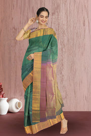Bottle Green Kanjivaram Silk Saree with Checks Design 10075635