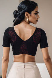 Maroon Floral Motif Indigo Hand Block Print Cotton Blouse 10074606