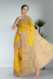 Turmeric Yellow Pure Zari Korvai Kanjivaram Silk Saree 10063140