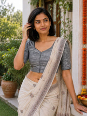 Grey Handcrafted Slub Cotton Solid Style Blouse 10073176