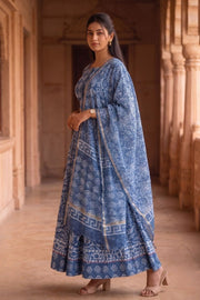 Blue Hand Block Printed Cotton Chaniya Choli With Kota Doria Dupatta 10066326