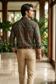 Muted Olive Green Full Sleeve Ajrakh Printed Cotton Men's Shirt 10076866