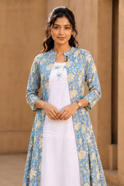 White Embroidered Midi Coat Cotton Dress with Blue Jacket 10077646