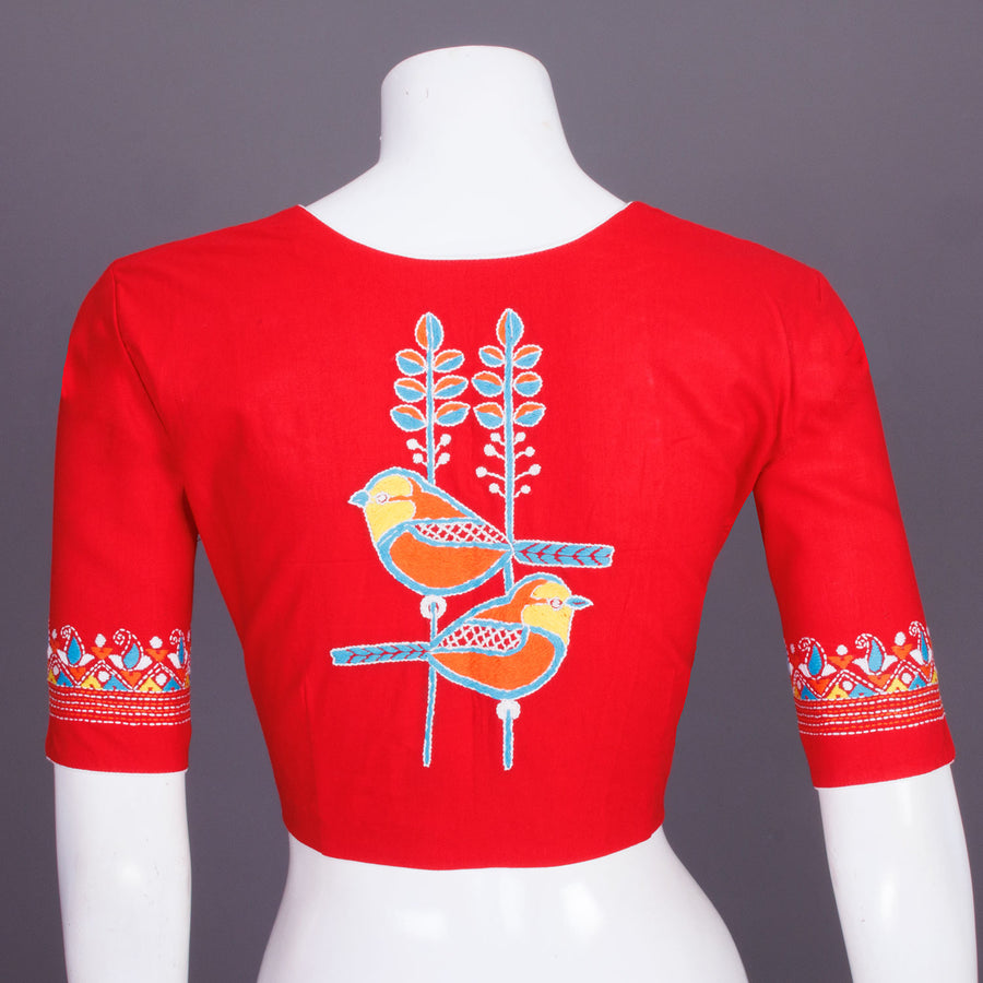 Red Kantha Embroidered Cotton Blouse 10069554 - Avishya