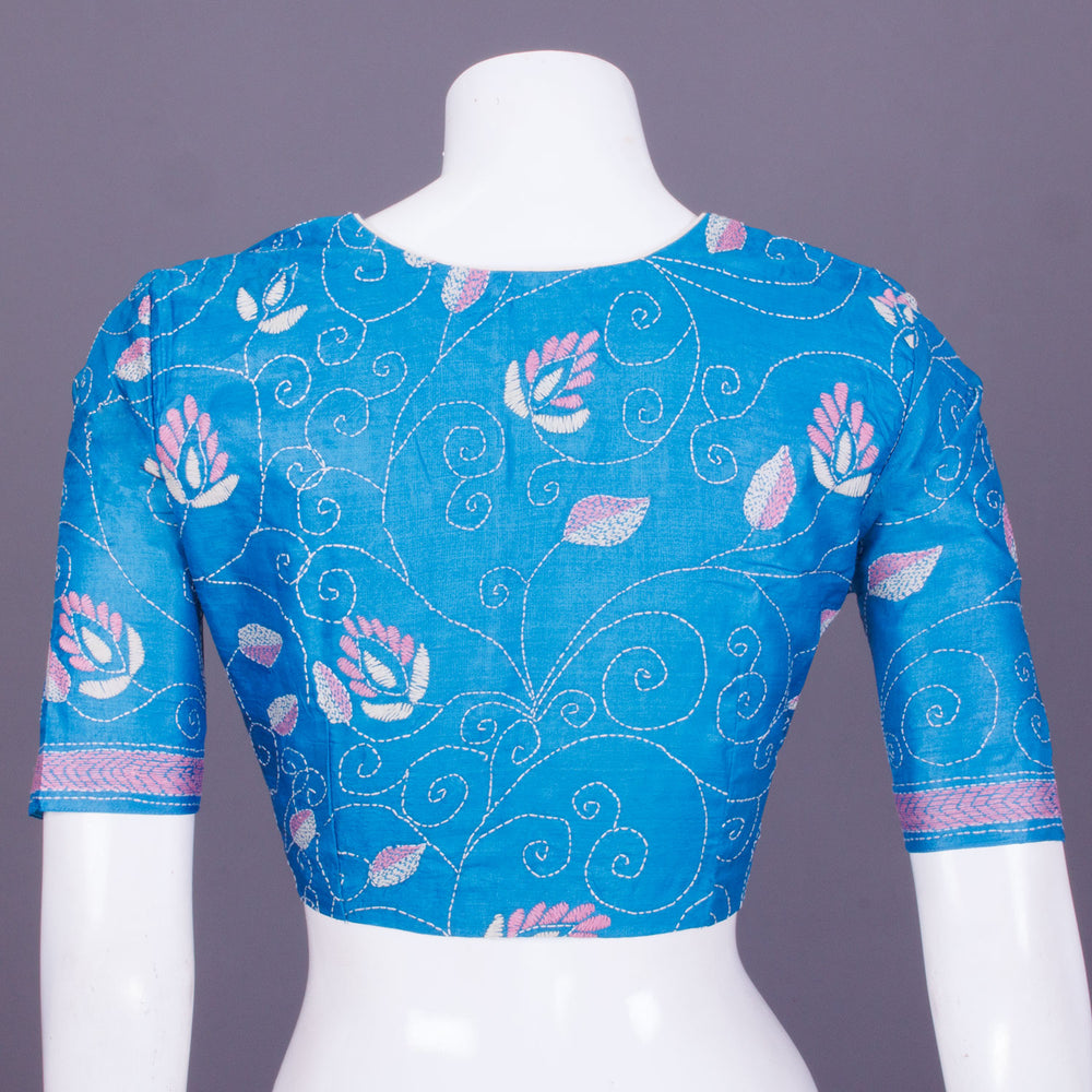 Blue Kantha Embroidered Tussar Blouse 10069587 - Avishya