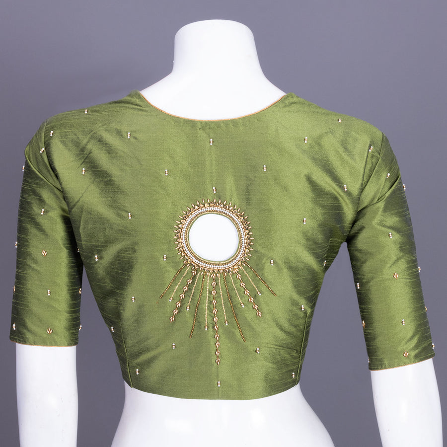Olive Green Aari Embroidered Tussar Silk Blouse 10070439