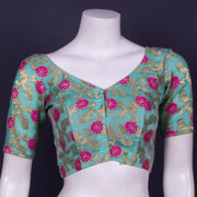 Blue Banarasi Organza Blouse with Floral Motif 10076217