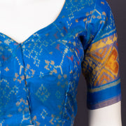 Classic Royal Blue Kanjivaram Silk Blouse With Floral Motifs and Geometric Border 10076634