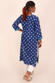 Indigo Dyed & Embroidered Dabu Printed Cotton Kurta 10068999 - Avishya