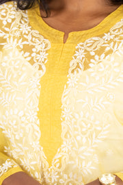 Yellow Chikankari Embroidery Organza Kurta 10074387