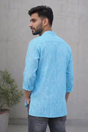Blue Full Sleeve Slub Cotton Solid Style Men's Kurta 10074251