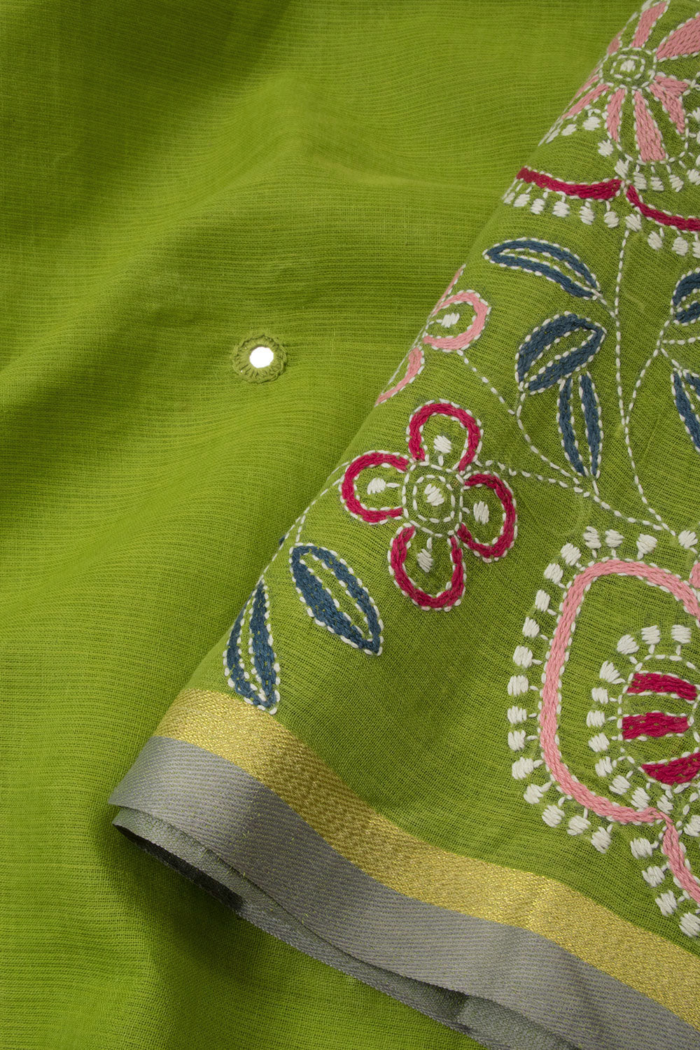 Green Kantha Embroidered Cotton Saree - Avishya