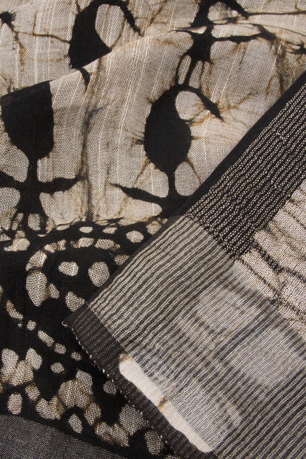 Black with Off White Batik Printed Linen Cotton Saree - 10063861