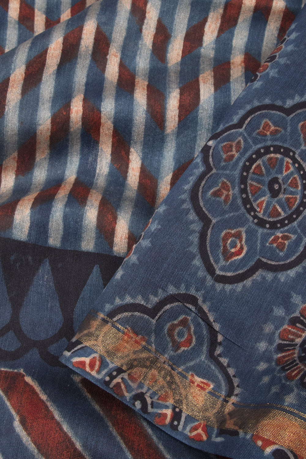Blue  Ajrakh Printed Silk Cotton Saree - Avishya
