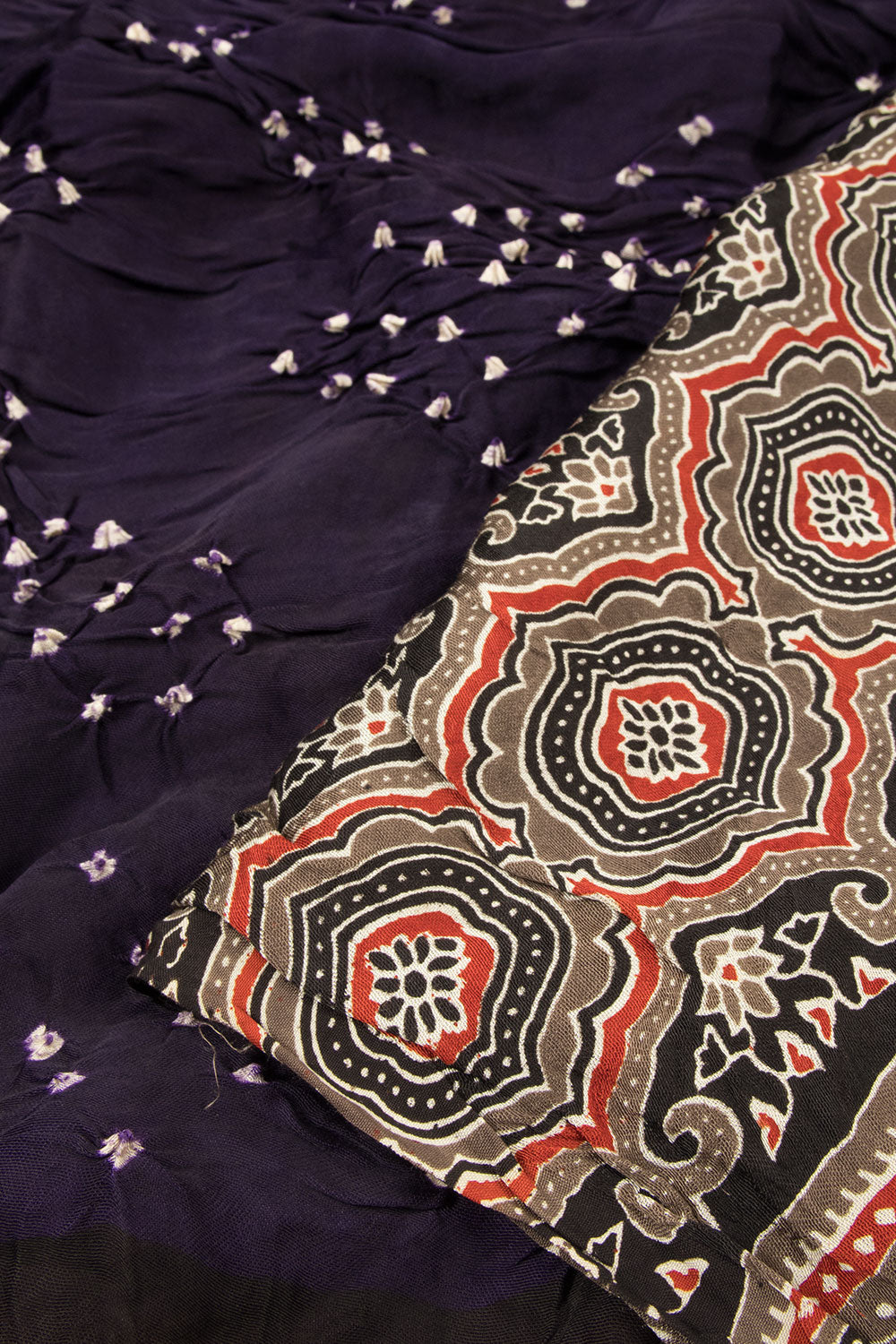 Black Handloom Ajrakh Bandhani Modal Silk Saree - Avishya