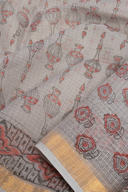 Grey Hand Block Printed Kota Cotton Saree 10068625 - Avishya