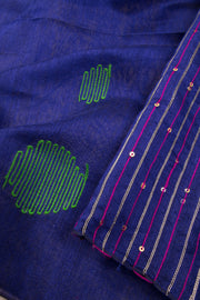 Indigo Blue Bengal Phulia Silk Cotton Saree With sequin embellished Pallu 
