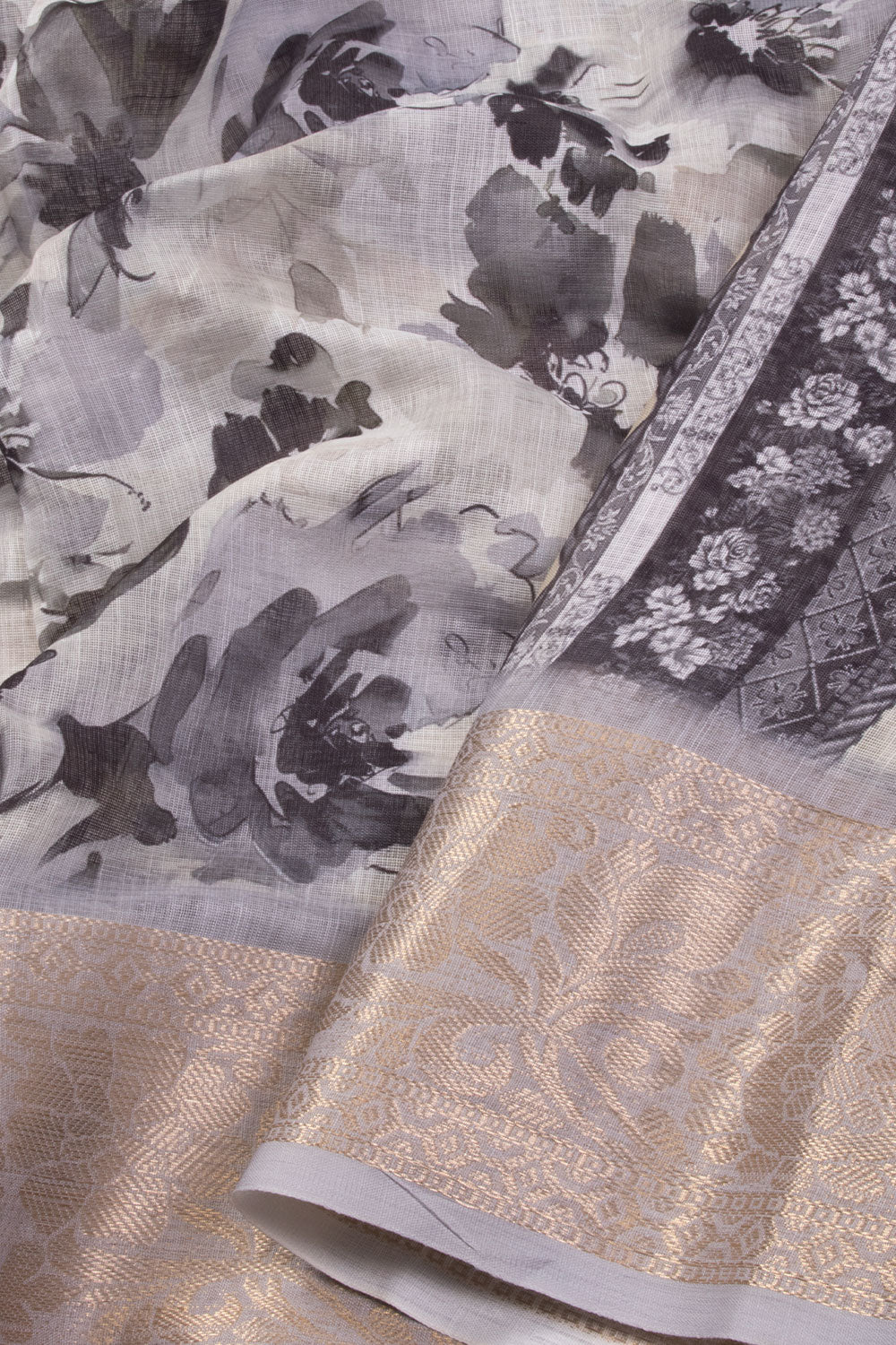 Light Grey Digital Printed Linen Saree