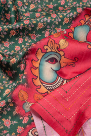 Green Printed Kalamkari Tussar Silk Saree with Kantha Border 10070516