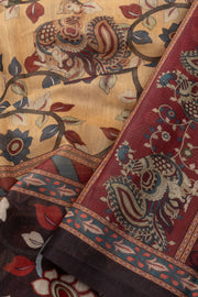 Tan Yellow Kalamkari Print Malai Cotton Saree