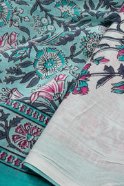 Blue Hand Block Printed Cotton Saree