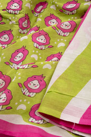 Green Hand Block Printed Cotton Saree