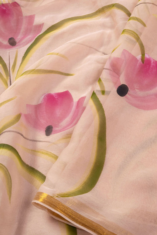 Budget chiffon Handpaint with heavy hand work saree