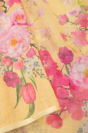 Yellow Floral Printed Linen Saree 10074019