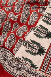 Red Hand Block Printed Mulmul Cotton Saree 10074078