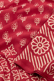 Red Hand Block Printed Mulmul Cotton Saree 10074081