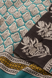 Blue Hand Block Printed Mulmul Cotton Saree 10074084