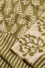 Green Hand Block Printed Mulmul Cotton Saree 10074085