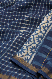 Blue Hand Block Printed Silk Cotton Saree 10074094