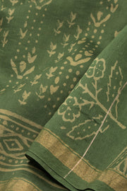 Green Hand Block Printed Silk Cotton Saree 10074096
