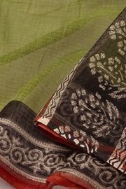 Green Hand Block Print Kota Cotton Saree 10074156