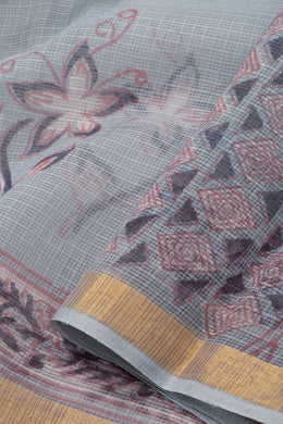 Grey Hand Block Print Kota Cotton Saree 10074166