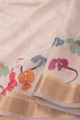 Soft Cream Fancy Printed Linen Saree 10075296