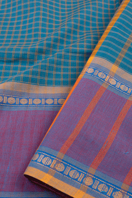 Stormy Sea Blue Handloom Chettinad Cotton Saree With Check Designs 10075804