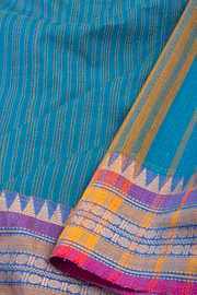 Aqua Marine Blue Handloom Chettinad Cotton Saree With Stripes And Temple Border 10075809