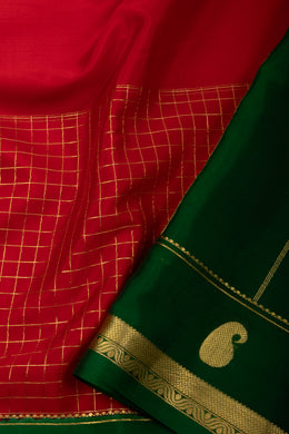 Red Mysore Crepe Silk Saree With Checks Design and Zari Border 10076254