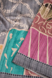 Grey Printed Semi Tussar Silk Saree With Tribal Motifs 10076271