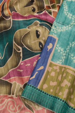 Green Printed Semi Tussar Silk Saree With Tribal Motifs 10076272