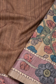 Brown Kalamkari Printed Semi Tussar Silk Saree With Floral Motifs And Floral Border 10076273