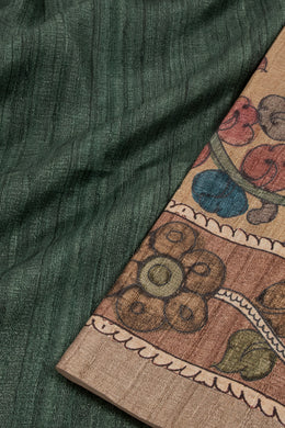 Green Kalamkari Printed Semi Tussar Silk Saree With Floral Motifs And Floral Border 10076274