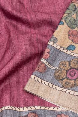 Red Kalamkari Printed Semi Tussar Silk Saree With Floral Motifs And Floral Border 10076276