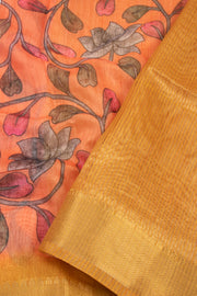 Orange Printed Semi Linen Saree With Floral Motifs And Zari Border 10076277
