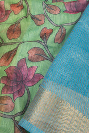 Green Printed Semi Linen Saree With Floral Motifs 10076278