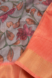 Grey Printed Semi Linen Saree With Floral Motifs And Zari Border 10076279